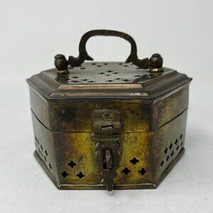 Vintage Brass Lucky Cricket Box Hinged Lid w/ Handle Trinket Box Incense